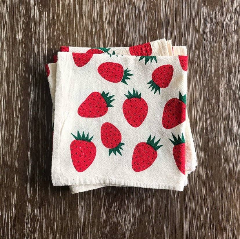 Bright Beige - Red Strawberries Hand Printed Cotton Napkins, Set of 4