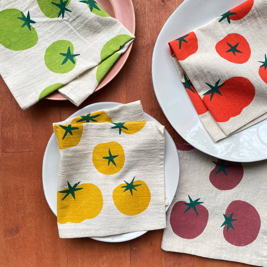 Bright Beige - Tomatoes Multi-Color Hand Printed Cotton Napkins, Set of 4