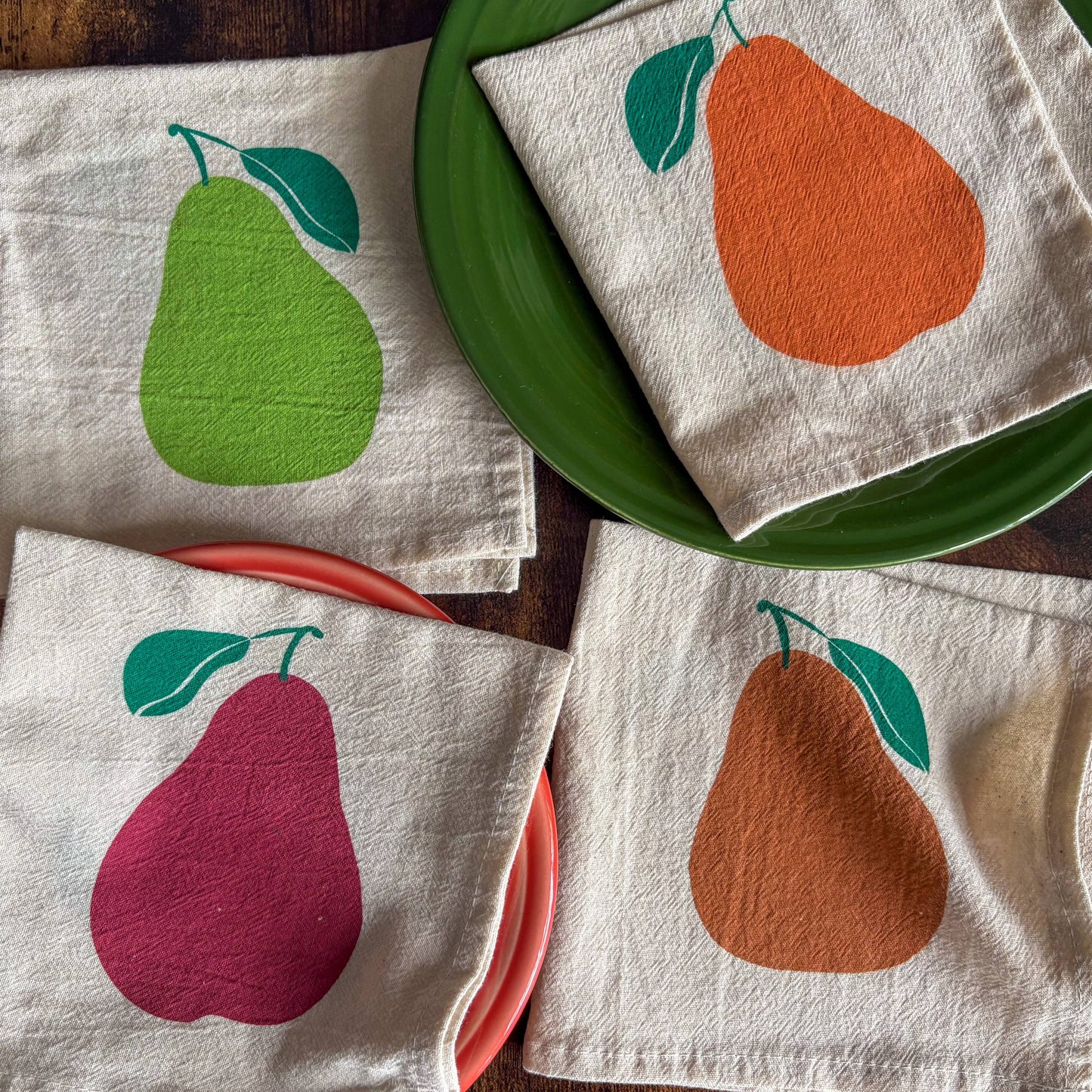 Pears Hand Printed Flour Sack Cotton Napkins, Set of 4