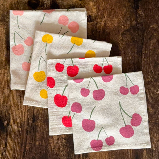 Bright Beige - Colorful Cherries - Hand Printed Flour Sack Cotton Napkins
