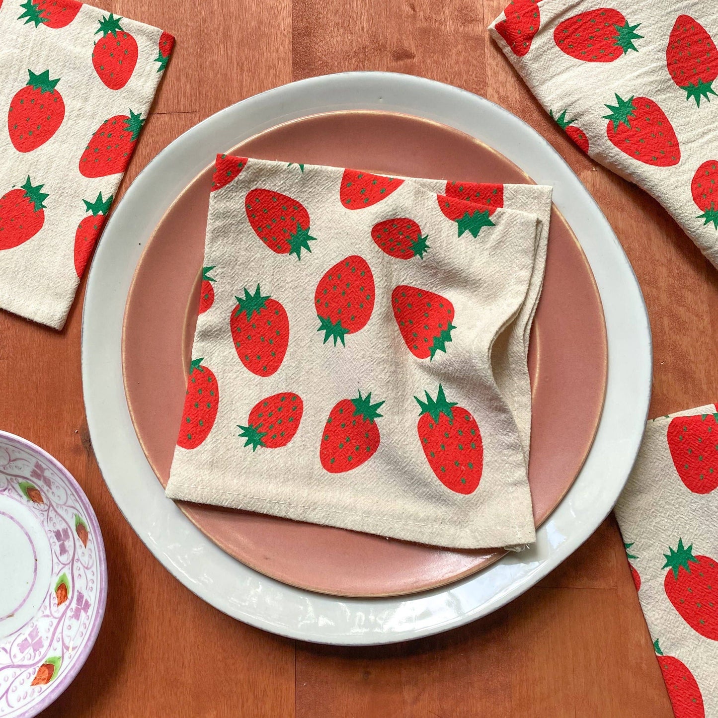 Bright Beige - Red Strawberries Hand Printed Cotton Napkins, Set of 4