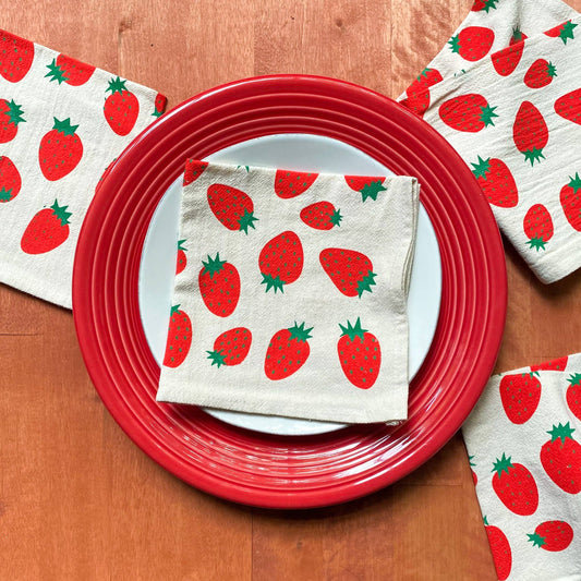 Bright Beige - Red Strawberries Hand Printed Cotton Napkins, Set of 4