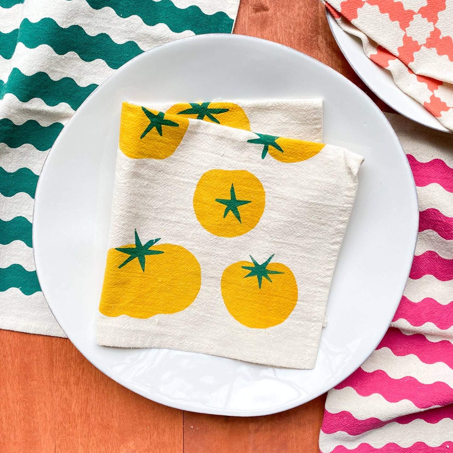 Bright Beige - Tomatoes Multi-Color Hand Printed Cotton Napkins, Set of 4