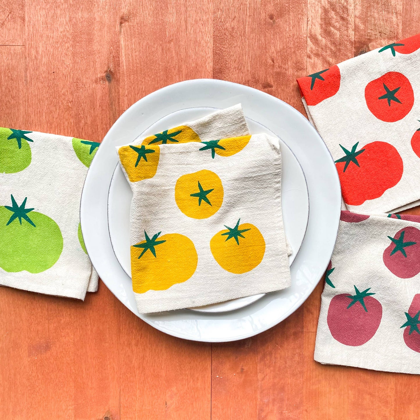 Bright Beige - Tomatoes Multi-Color Hand Printed Cotton Napkins, Set of 4