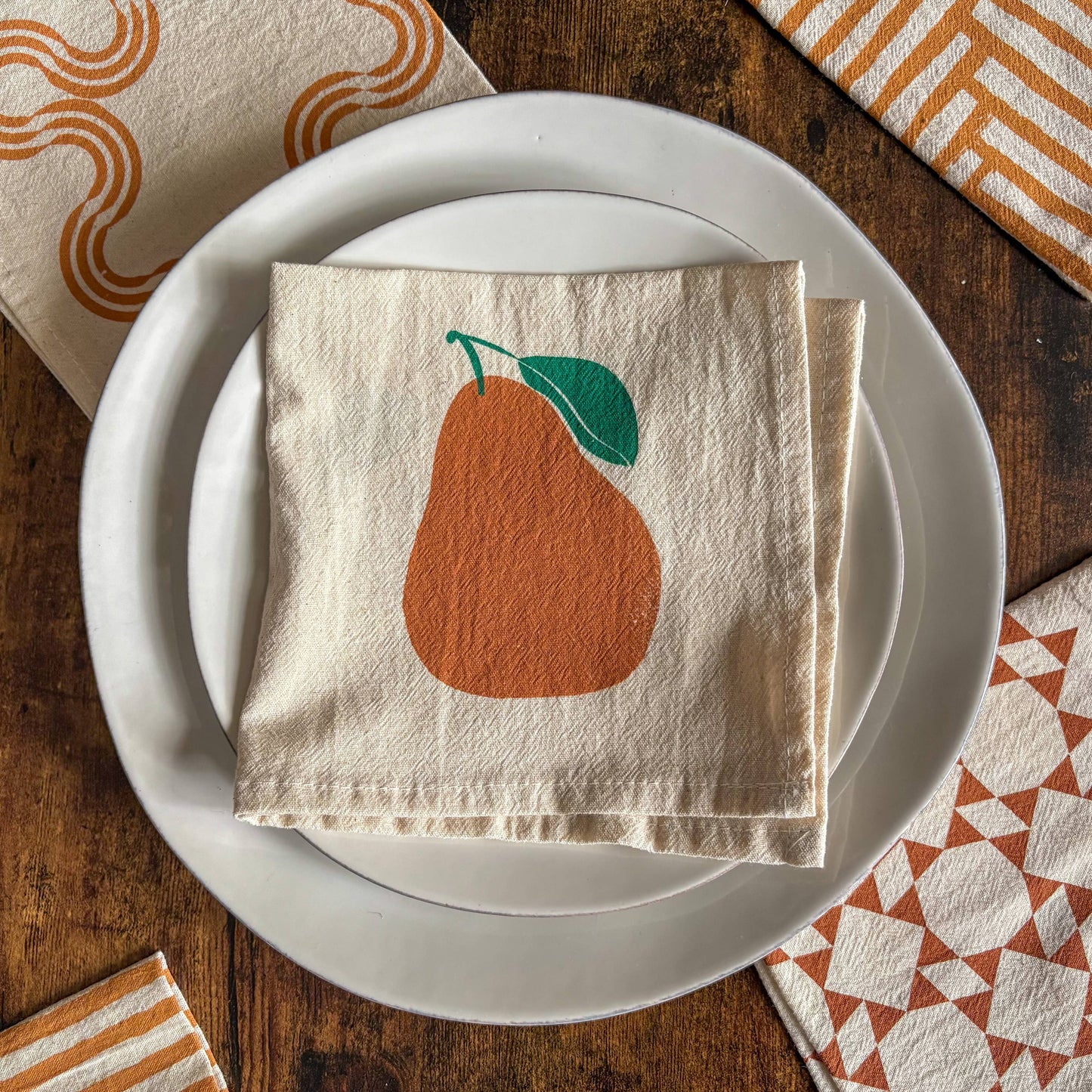 Pears Hand Printed Flour Sack Cotton Napkins, Set of 4