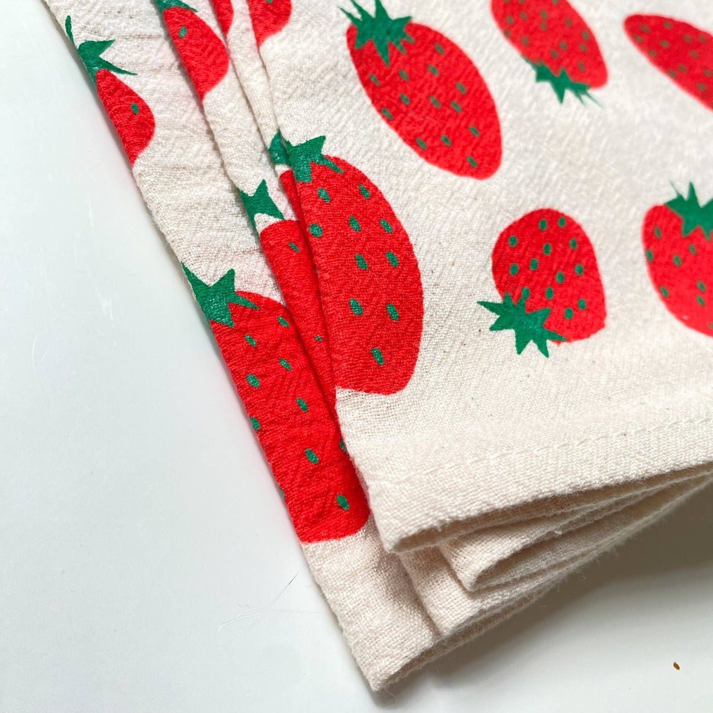 Bright Beige - Red Strawberries Hand Printed Cotton Napkins, Set of 4